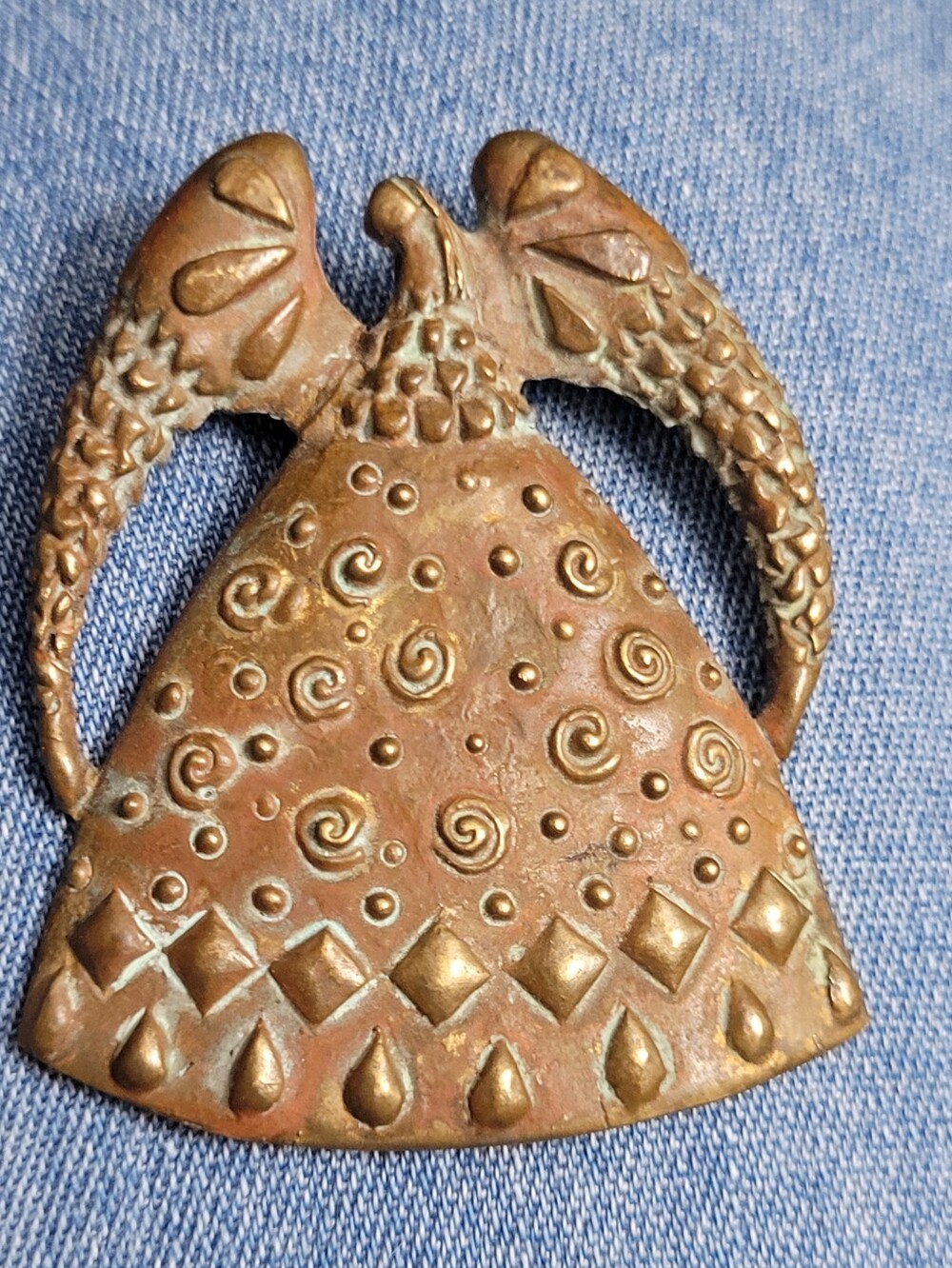 Vintage Artisan Made Primitive Cast Copper Angel Pendant Stamped MP Signed